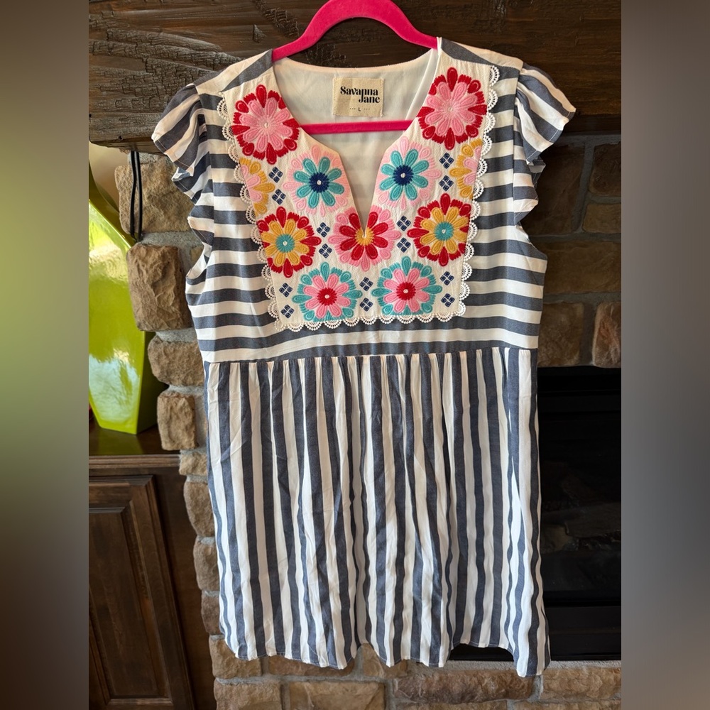Savanna Jane Striped Floral Embroidered Top
